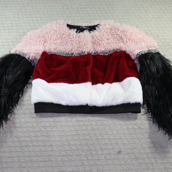 UNIQUE!!! Shein Size Large Pink Maroon White Black Color Block Furry Coat - Picture 1 of 7